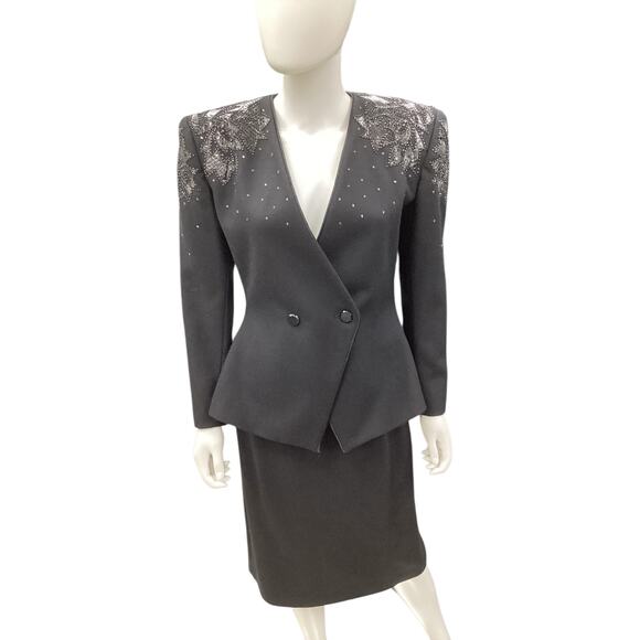 Vintage Nolan Miller 2 Piece Outfit Women’s SZ 4 Blazer + Skirt 100% Wool Black - Picture 1 of 9